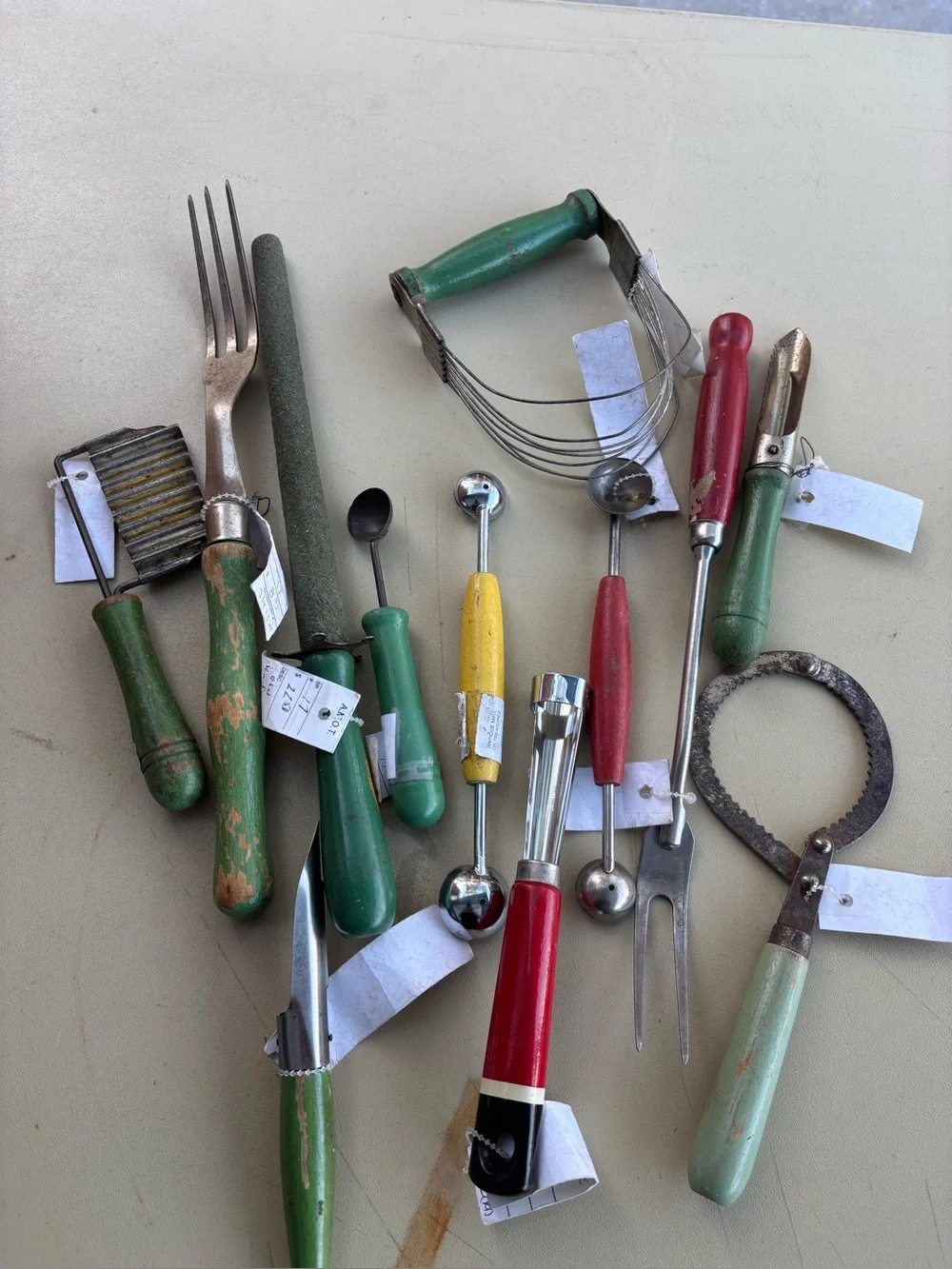 Vintage Wooden-Handled Kitchen Utensil Lot - Green, Red, Yellow